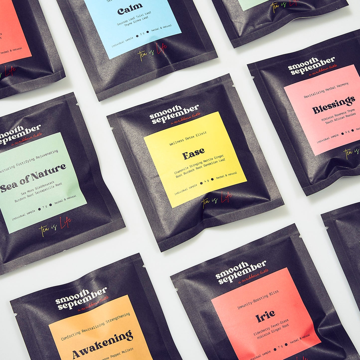 An up-close view of the individual herbal tea sachets in the Smooth September sampler pack by Sample Collection, highlighting the Herbal Tea Variety Pack: 7 Caffeine-Free Wellness Blends, a perfect option for pre-order as a tea sample pack.
