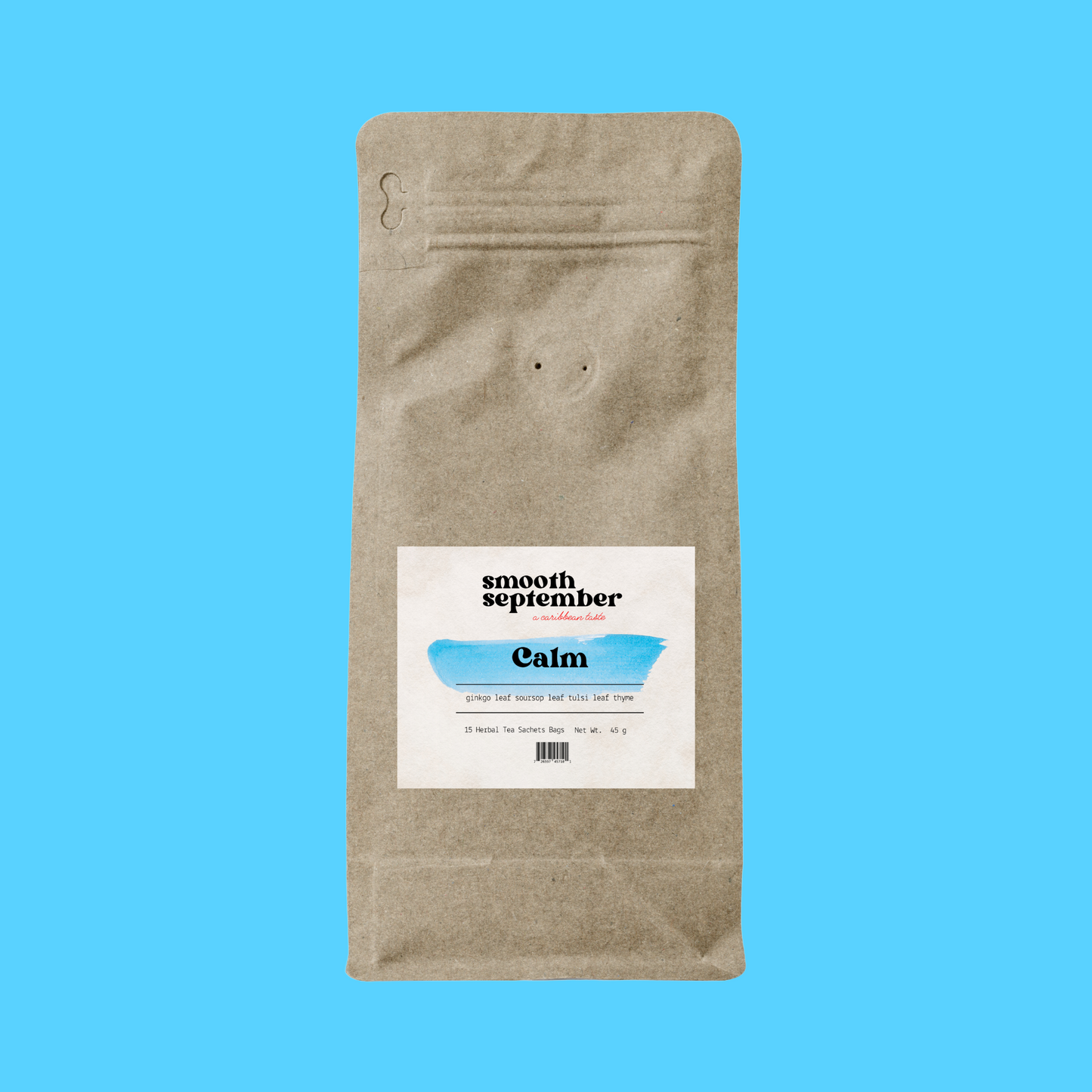 Brown paper resealable pouch labeled “Smooth September – Calm,” a soothing herbal tea made with ginkgo, soursop leaf, tulsi, and thyme. The label features a blue brushstroke background on a bright blue backdrop.