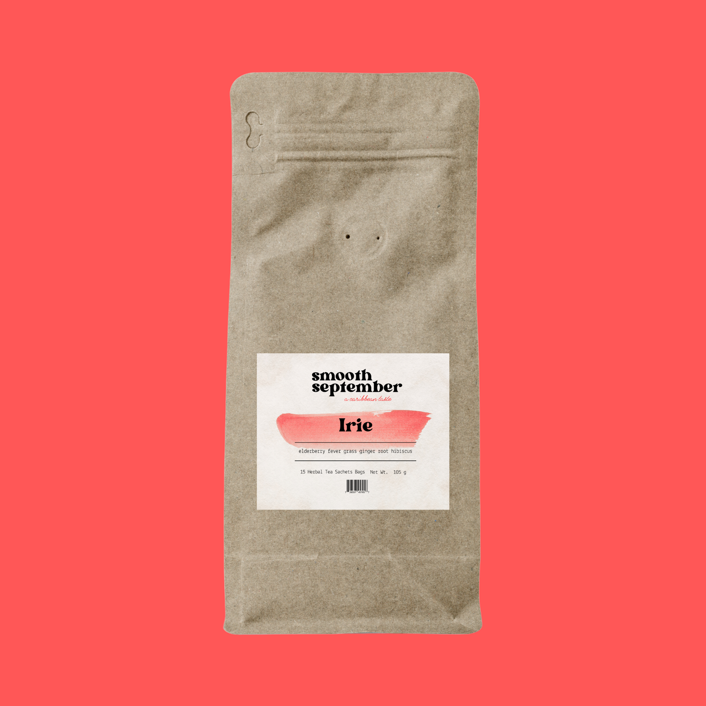 Brown paper resealable pouch labeled “Smooth September – Irie,” a vibrant blend of elderberry, fever grass, ginger root, and hibiscus. The label has a red brushstroke design set against a bold red background.