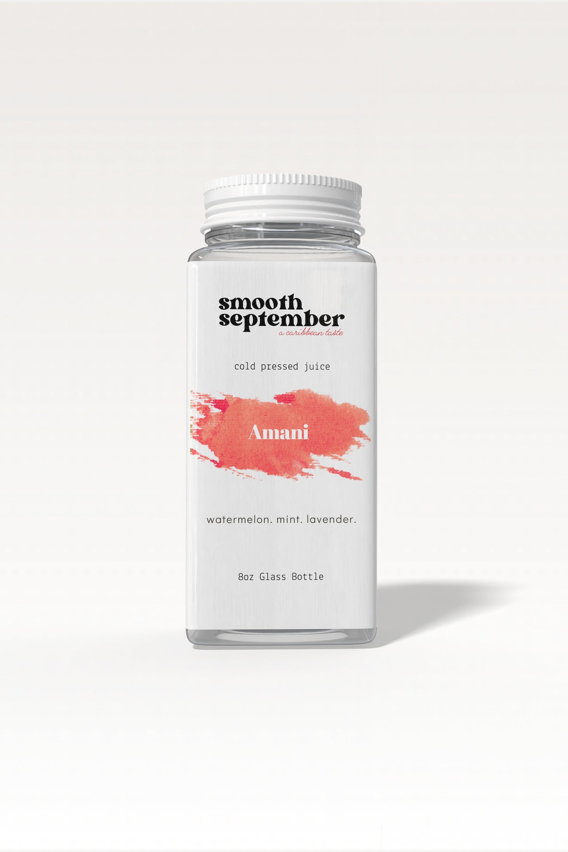 Amani cold-pressed juice bottle with a vibrant pink hue, featuring a minimalist label with "Amani" written in white. The bottle is surrounded by fresh ingredients: a slice of watermelon, a sprig of mint, and a few lavender sprigs. The scene is bright and highlights the natural ingredients of the drink.